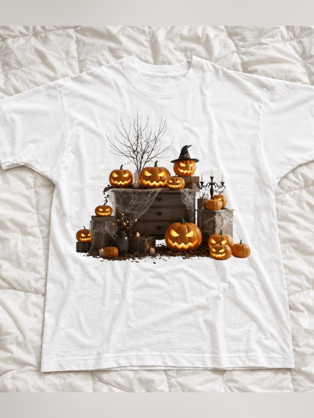 Halloween Pumpkin Jack-O'-Lantern Print White Tee Unisex